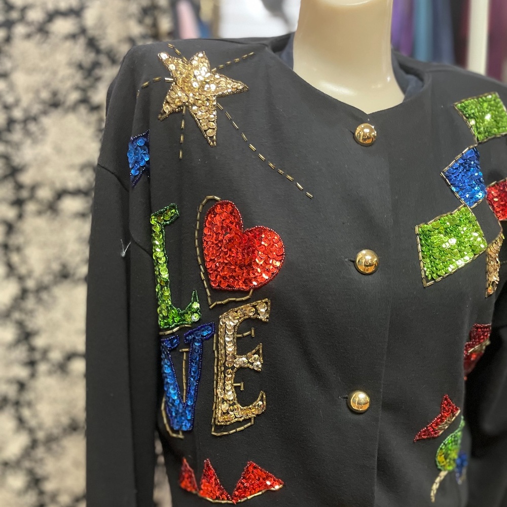 Vintage Black /Oversized 80's Sequence Button Up … - image 1